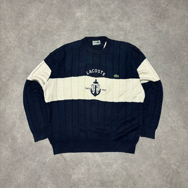 Vintage Lacoste Navy & Cream Large Logo Knitted SweateR (XL)