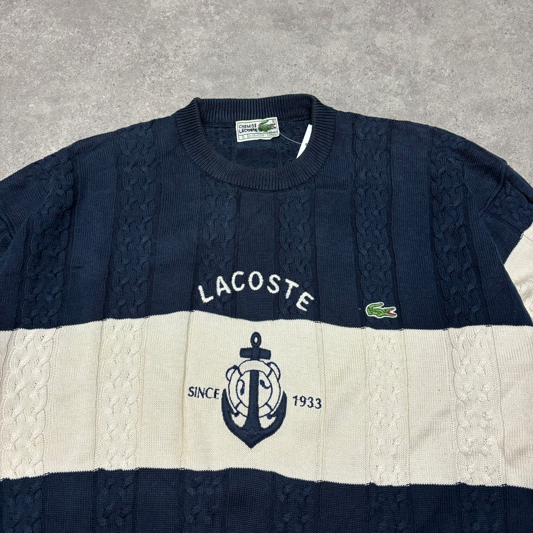 Vintage Lacoste Navy & Cream Large Logo Knitted SweateR (XL)