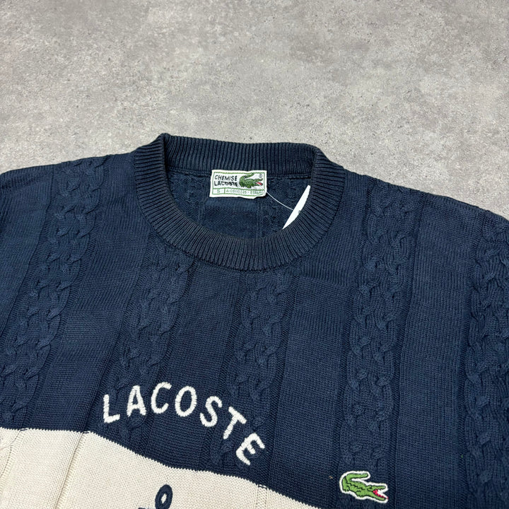 Vintage Lacoste Navy & Cream Large Logo Knitted SweateR (XL)