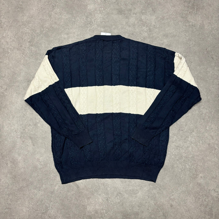 Vintage Lacoste Navy & Cream Large Logo Knitted SweateR (XL)