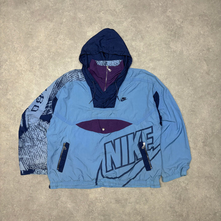 80's Wavy Vintage Nike Blue Quarter Zip Hooded Track Jacket (XXL)