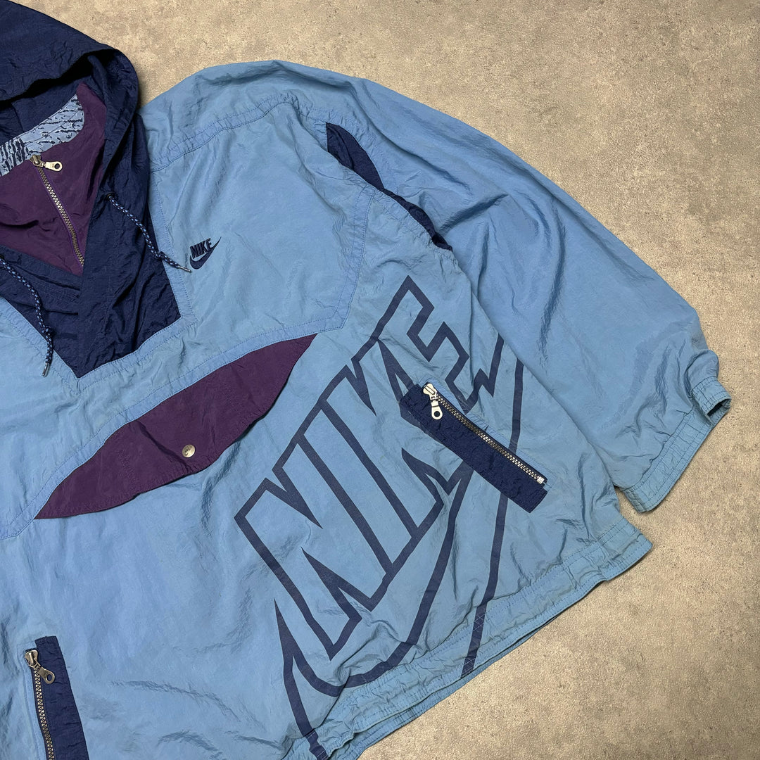 80's Wavy Vintage Nike Blue Quarter Zip Hooded Track Jacket (XXL)