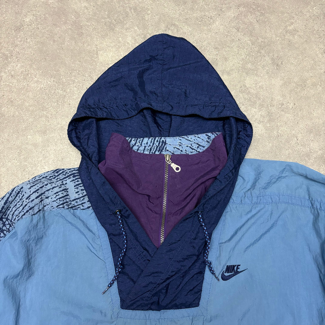 80's Wavy Vintage Nike Blue Quarter Zip Hooded Track Jacket (XXL)