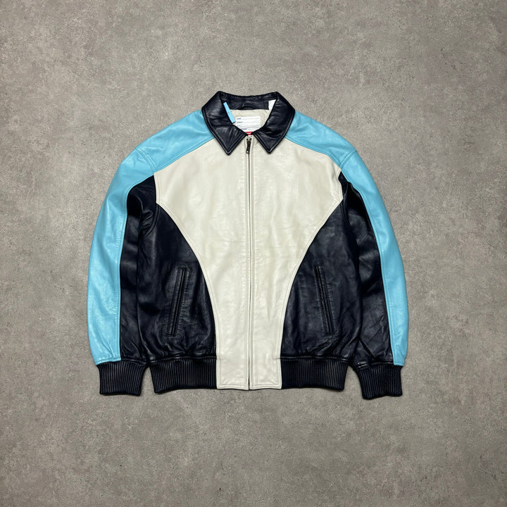 Supreme Blue & White Spell Out Leather Jacket (M)