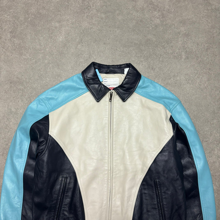 Supreme Blue & White Spell Out Leather Jacket (M)