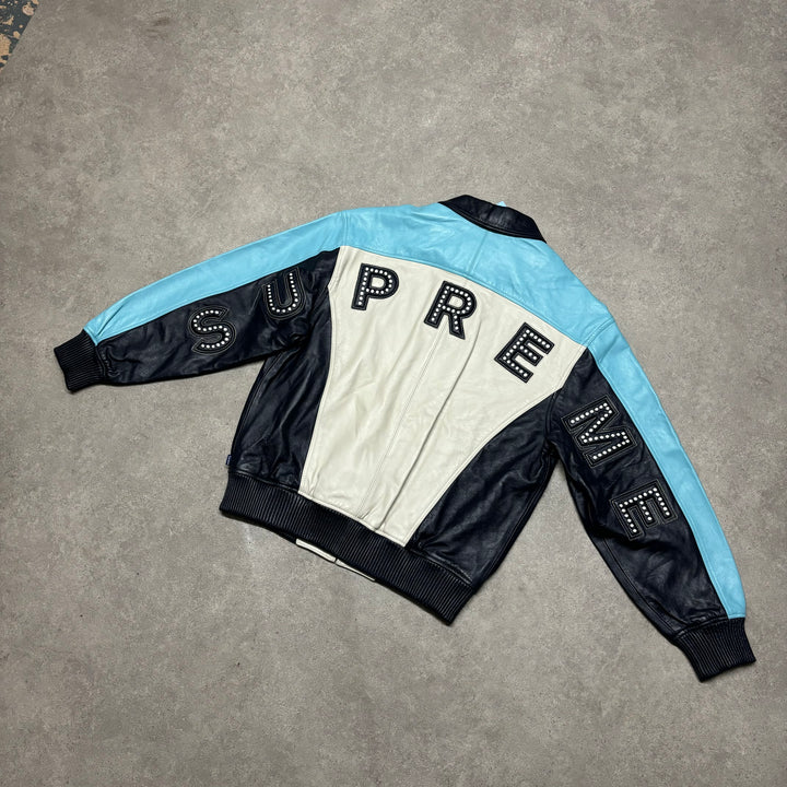 Supreme Blue & White Spell Out Leather Jacket (M)