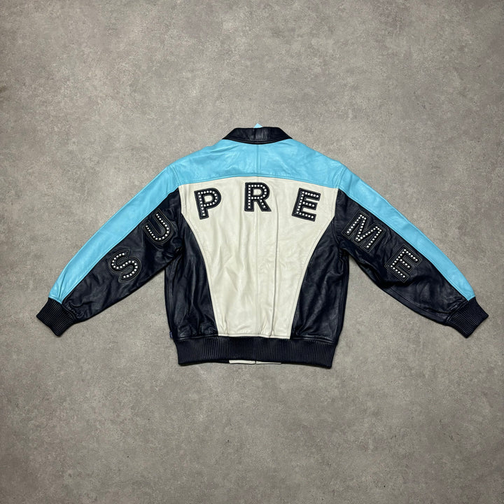 Supreme Blue & White Spell Out Leather Jacket (M)