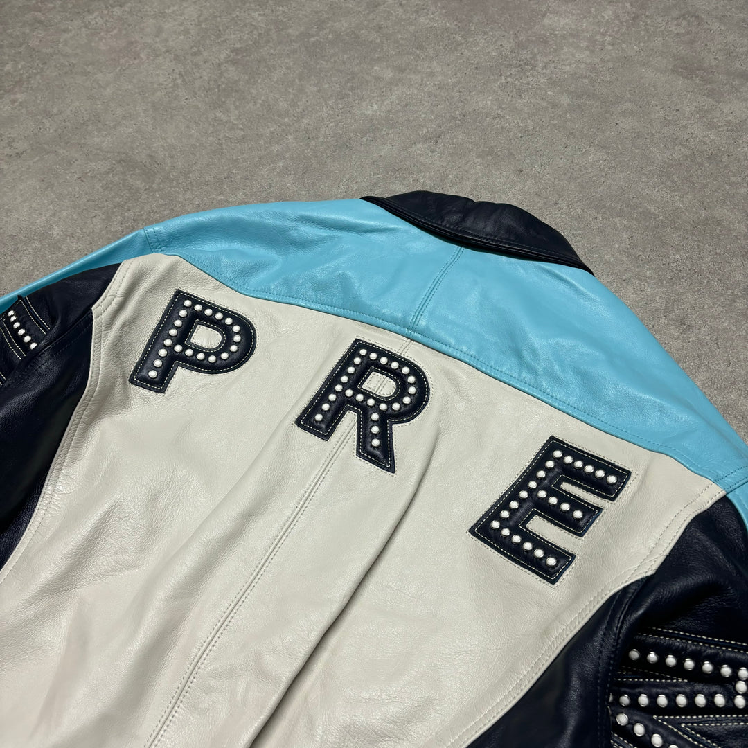 Supreme Blue & White Spell Out Leather Jacket (M)