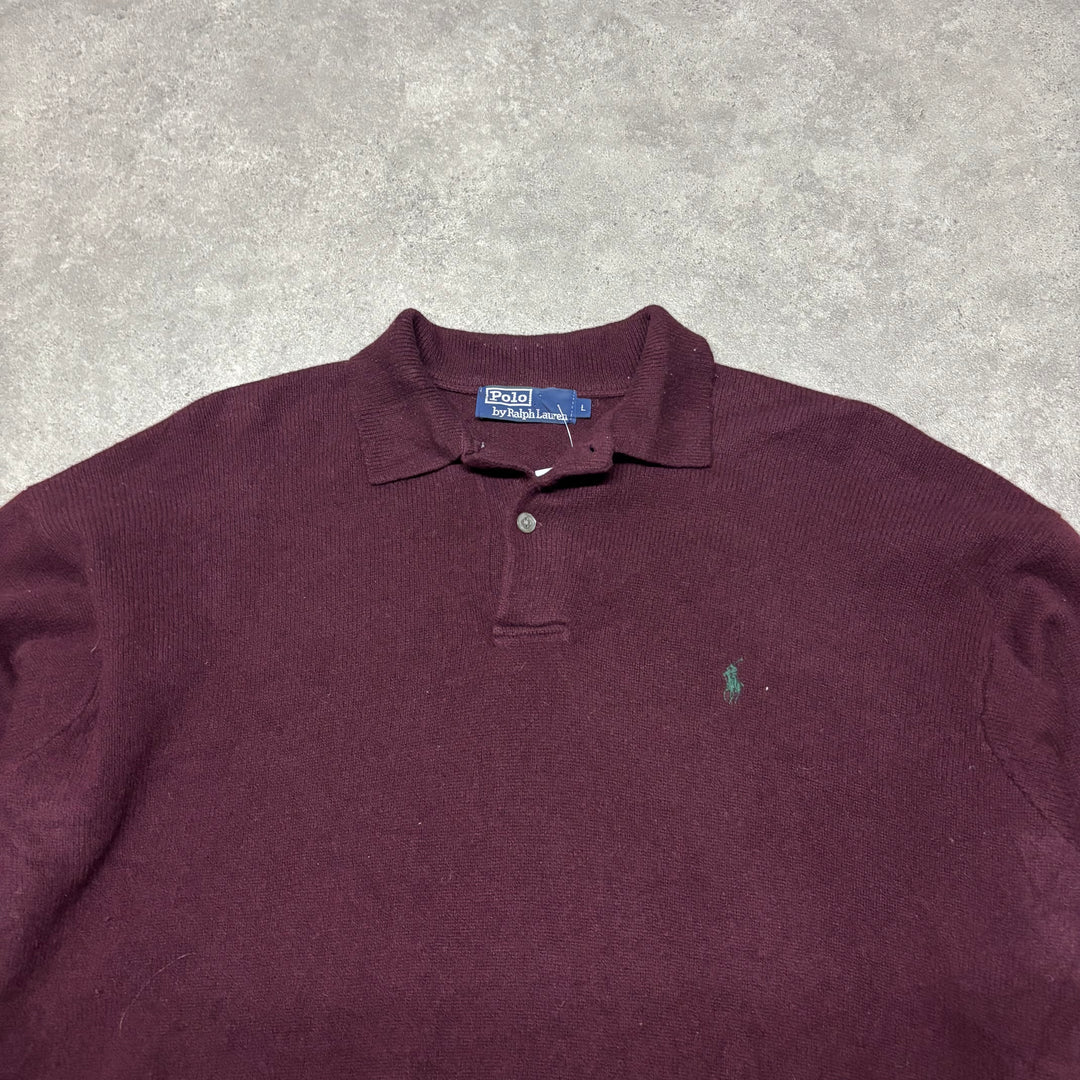 Vintage Polo Ralph Lauren Burgubdy Quarter Button Collared Knitted Sweater (L)