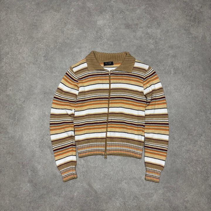 Vintage Light Brown & Orange Stripy Knitted Full Zip Sweater (XS)