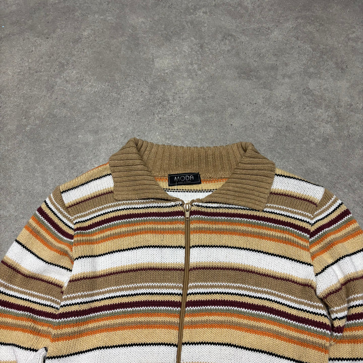 Vintage Light Brown & Orange Stripy Knitted Full Zip Sweater (XS)