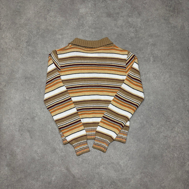 Vintage Light Brown & Orange Stripy Knitted Full Zip Sweater (XS)