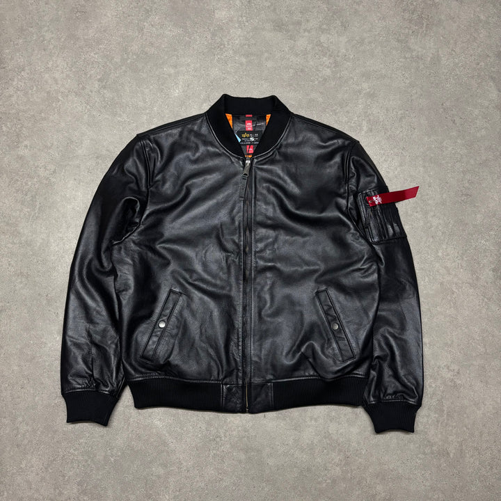 Alpha Industries Black Leather Bomber Jacket (3XL)