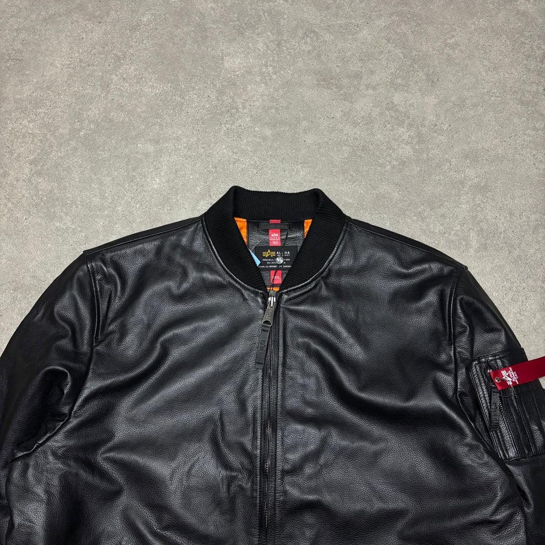 Alpha Industries Black Leather Bomber Jacket (3XL)