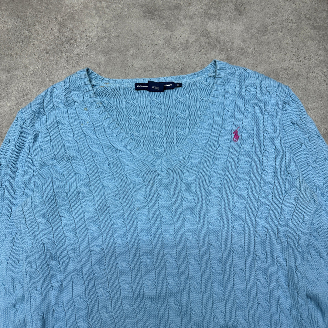 Polo Ralph Lauren V Neck Cable Knit Jumper Women Size XL Light Blue