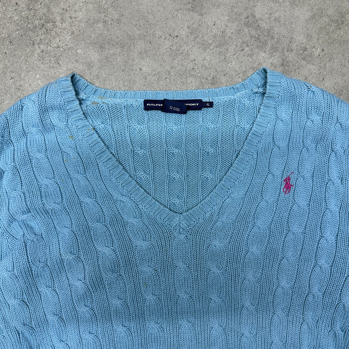 Polo Ralph Lauren V Neck Cable Knit Jumper Women Size XL Light Blue