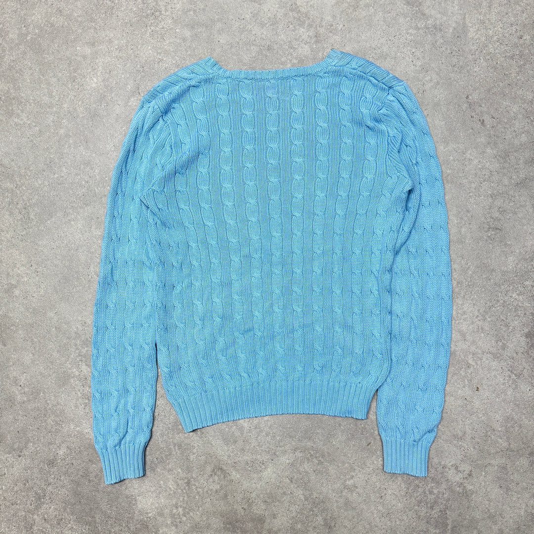 Polo Ralph Lauren V Neck Cable Knit Jumper Women Size XL Light Blue