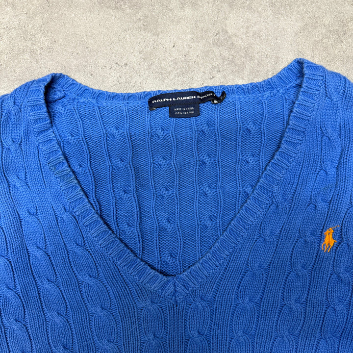 Polo Ralph Lauren V Neck Cable Knit Jumper Women Size XL Blue