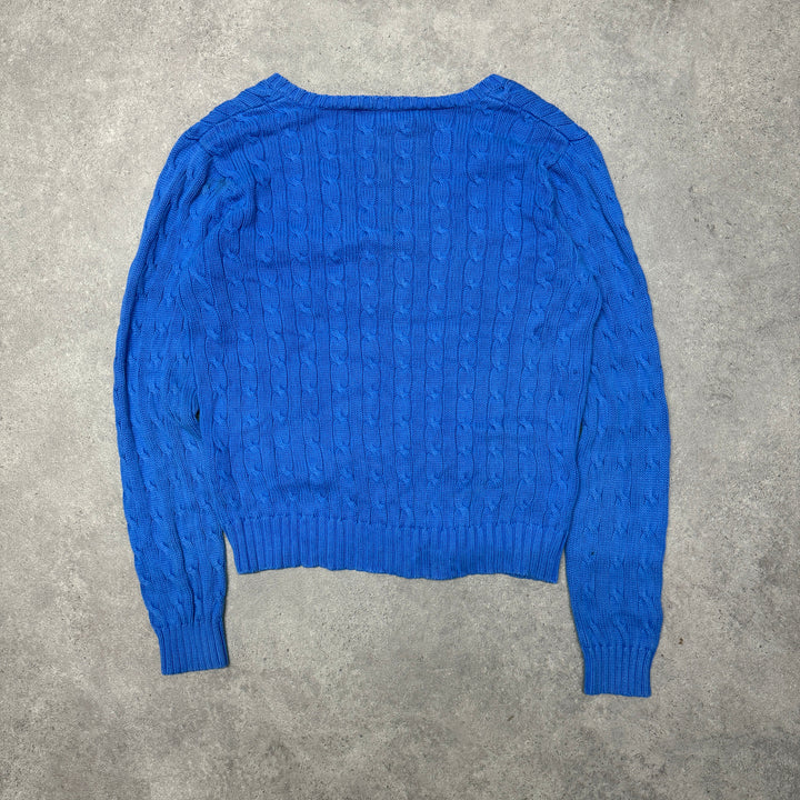 Polo Ralph Lauren V Neck Cable Knit Jumper Women Size XL Blue