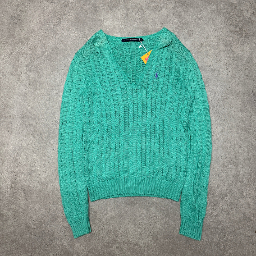 Polo Ralph Lauren V Neck Cable Knit Jumper Women Size L Green