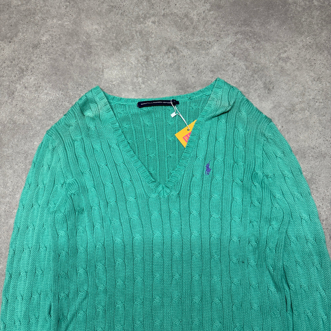 Polo Ralph Lauren V Neck Cable Knit Jumper Women Size L Green