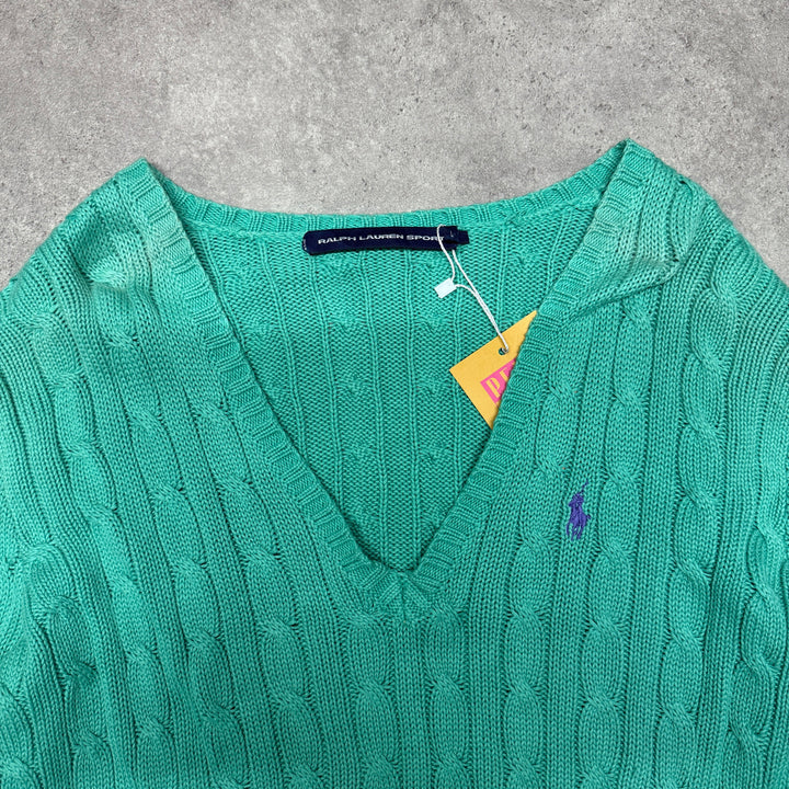 Polo Ralph Lauren V Neck Cable Knit Jumper Women Size L Green