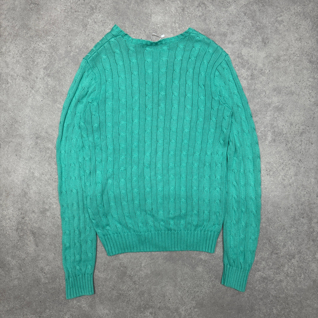 Polo Ralph Lauren V Neck Cable Knit Jumper Women Size L Green