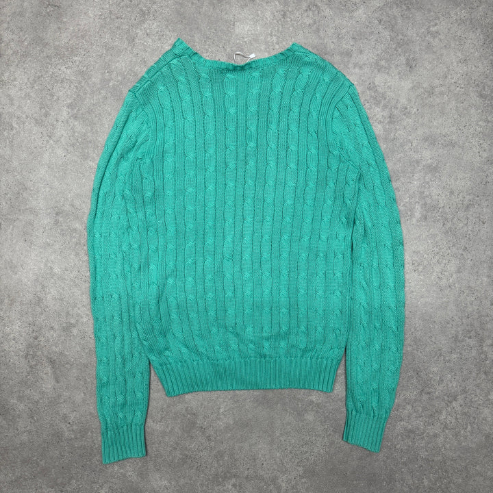 Polo Ralph Lauren V Neck Cable Knit Jumper Women Size L Green