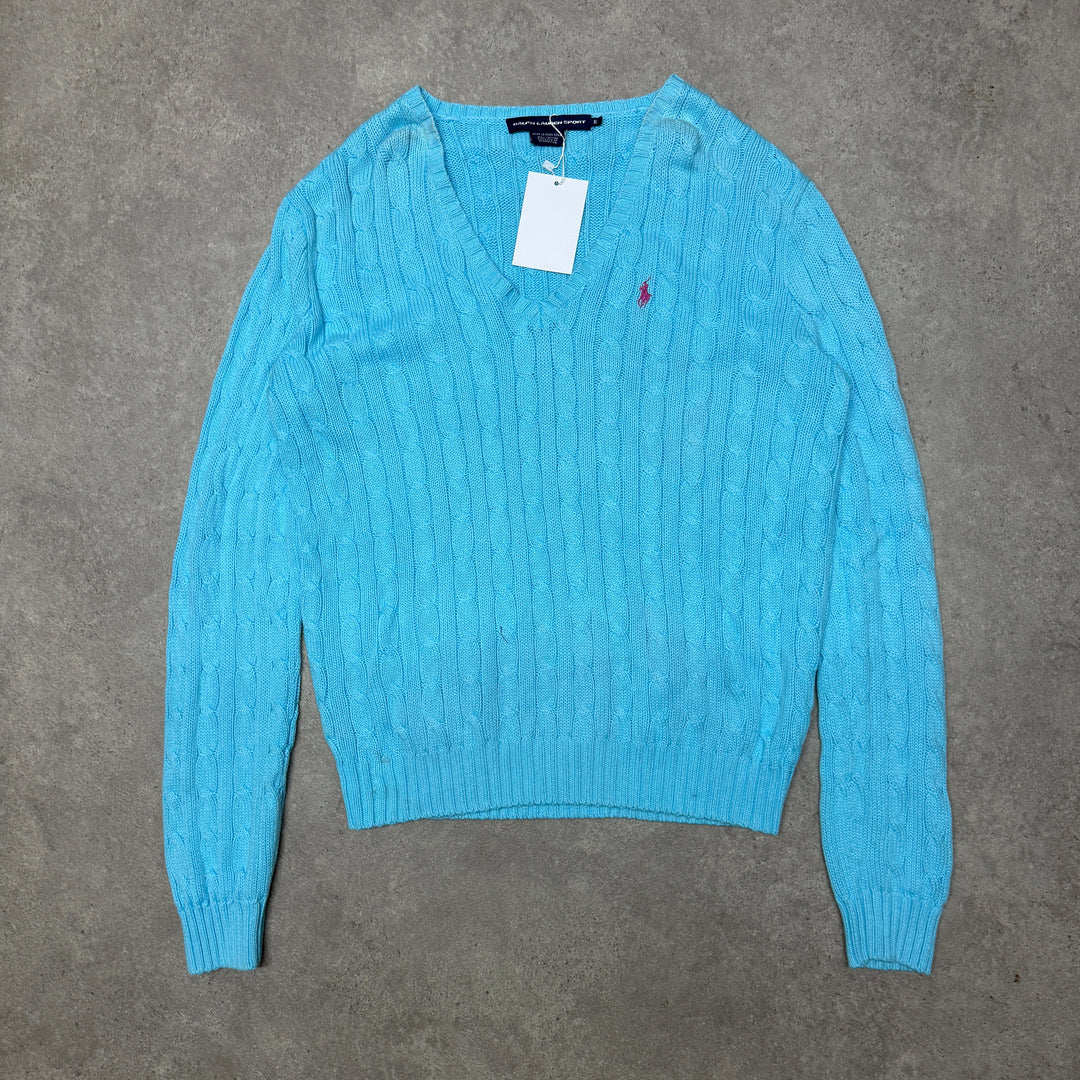 Polo Ralph Lauren V Neck Cable Knit Jumper Size XL Light Blue