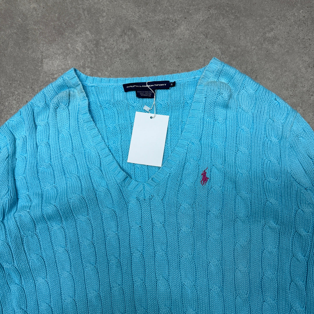 Polo Ralph Lauren V Neck Cable Knit Jumper Size XL Light Blue