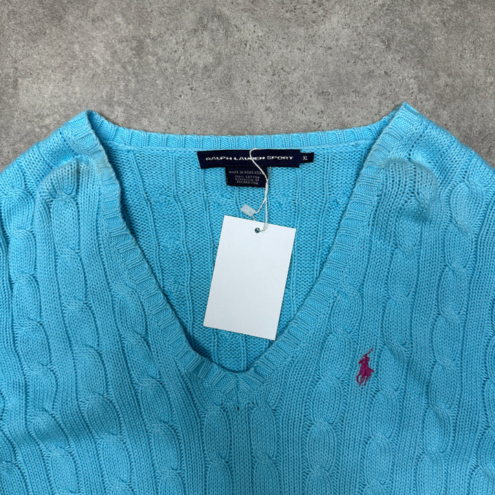 Polo Ralph Lauren V Neck Cable Knit Jumper Size XL Light Blue