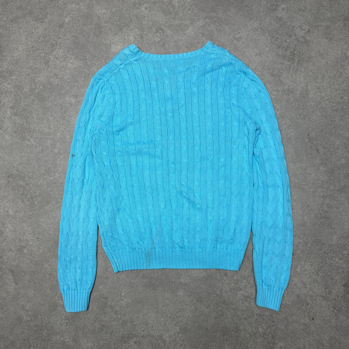 Polo Ralph Lauren V Neck Cable Knit Jumper Size XL Light Blue