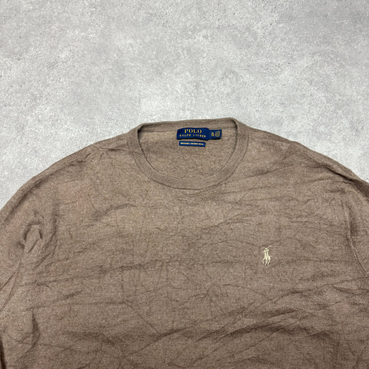 Polo Ralph Lauren Crew Neck Wool Knit Jumper Size XL Brown