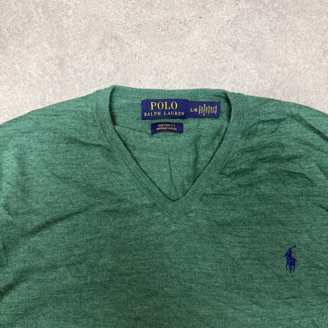 Polo Ralph Lauren V Neck Wool Jumper Women Size L Green