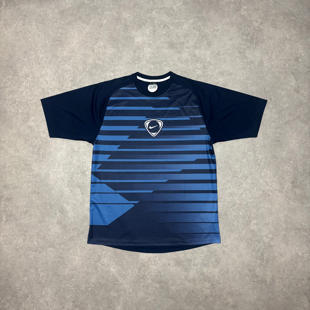 00's Vintage Nike Blue Striped Central Logo Football T-Shirt (XL)