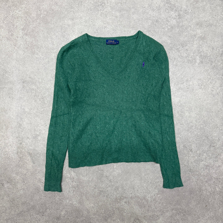 Polo Ralph Lauren V Neck Cable Knit Jumper Women Size L (Fit S ) Green