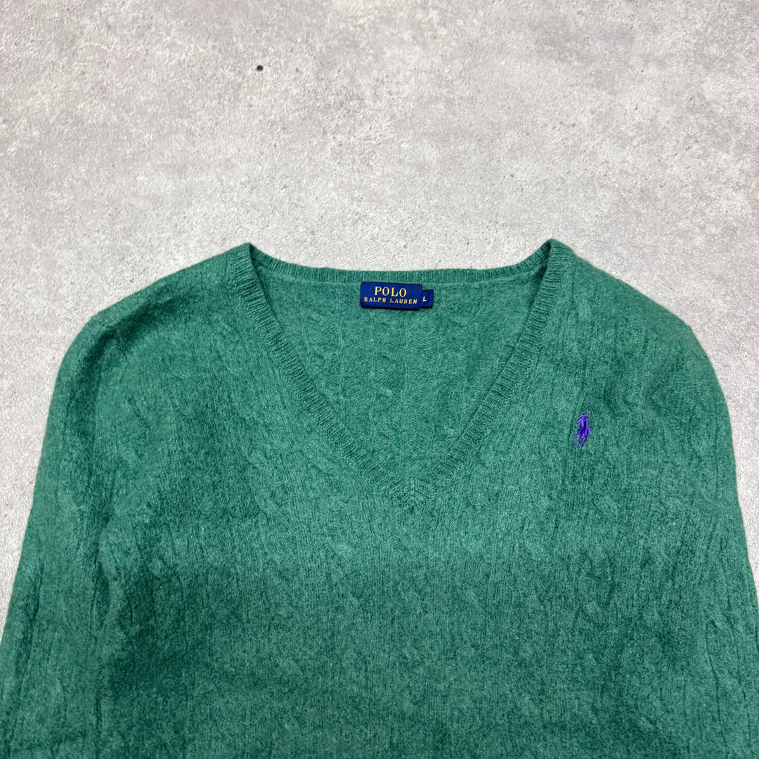 Polo Ralph Lauren V Neck Cable Knit Jumper Women Size L (Fit S ) Green