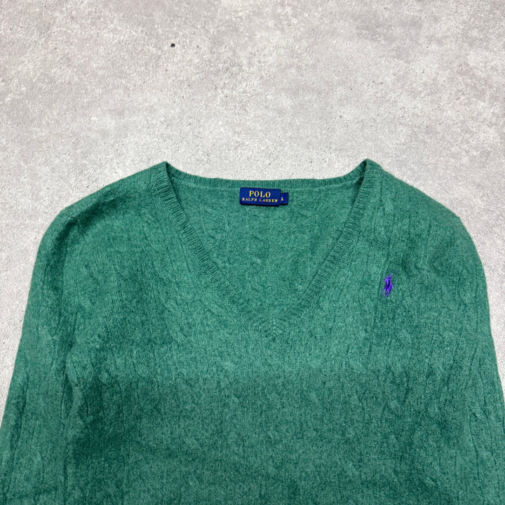 Polo Ralph Lauren V Neck Cable Knit Jumper Women Size L (Fit S ) Green