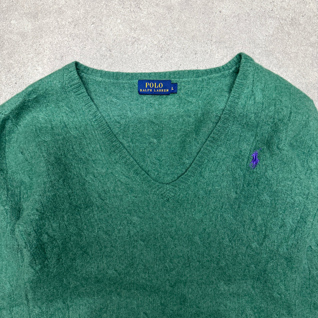 Polo Ralph Lauren V Neck Cable Knit Jumper Women Size L (Fit S ) Green