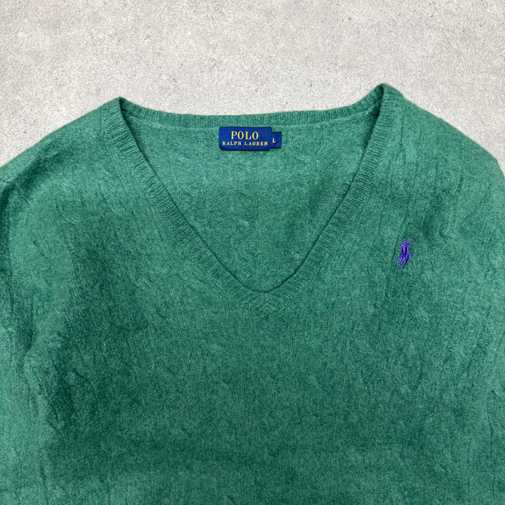 Polo Ralph Lauren V Neck Cable Knit Jumper Women Size L (Fit S ) Green