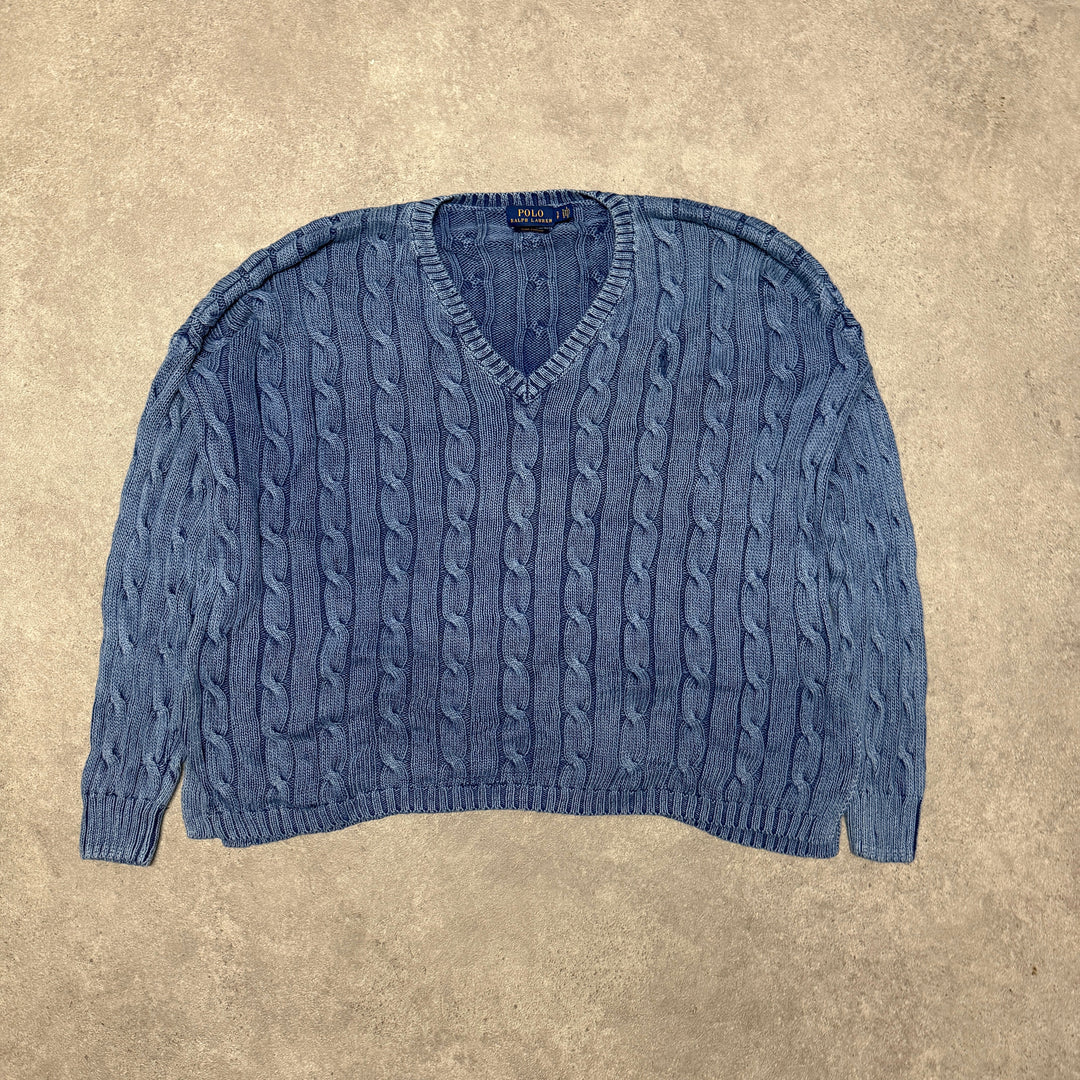 Polo Ralph Lauren V Neck Cable Knit Jumper Size S (Fit M-L ) Blue