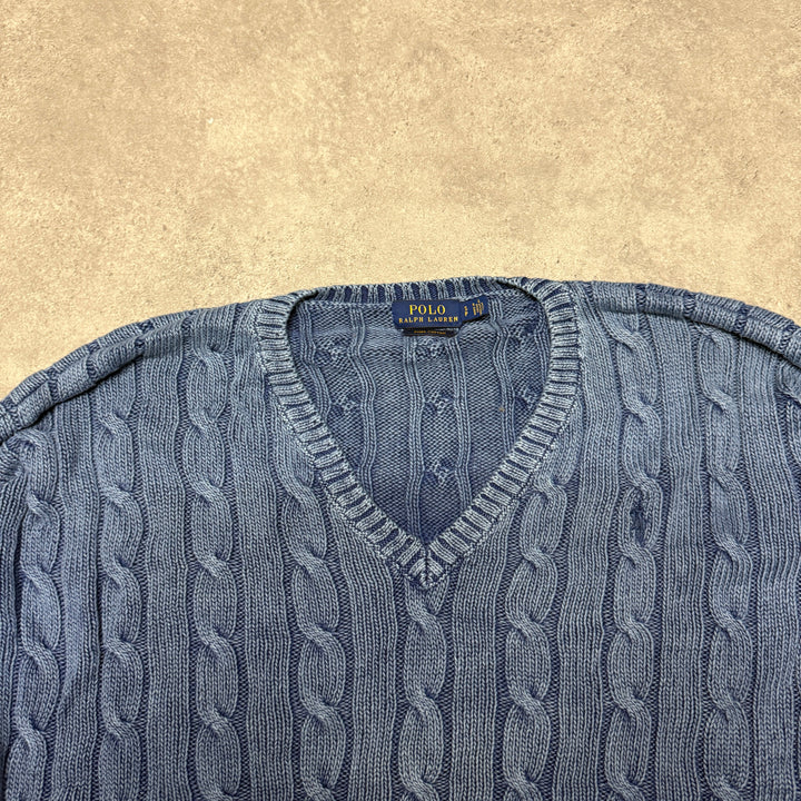 Polo Ralph Lauren V Neck Cable Knit Jumper Size S (Fit M-L ) Blue