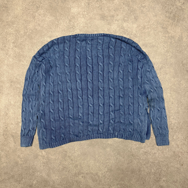 Polo Ralph Lauren V Neck Cable Knit Jumper Size S (Fit M-L ) Blue