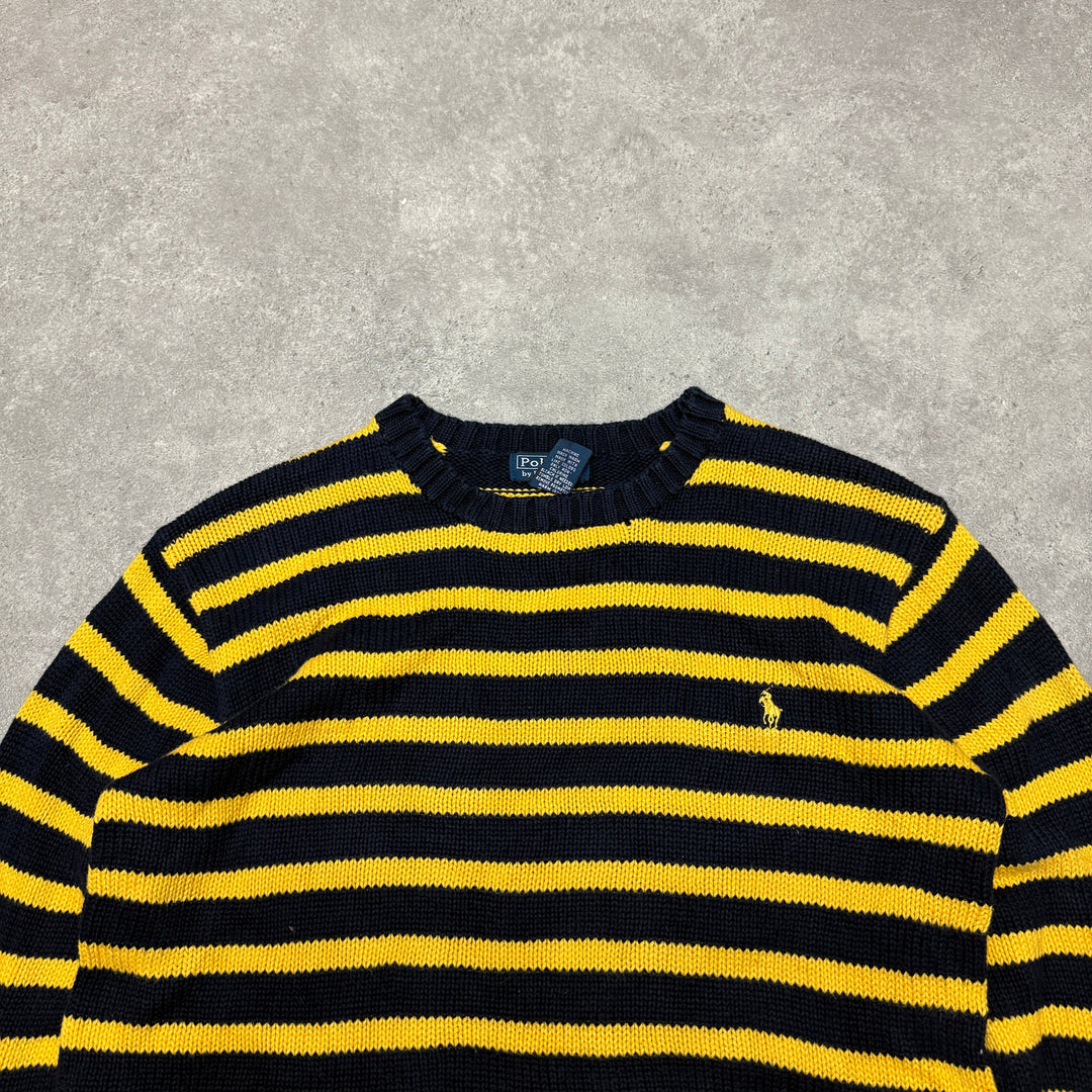 Polo Ralph Lauren Crew Neck Heavy Knit Jumper Women Size XL Yellow Navy