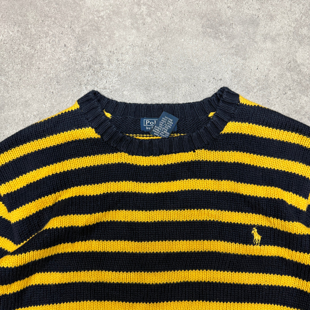 Polo Ralph Lauren Crew Neck Heavy Knit Jumper Women Size XL Yellow Navy