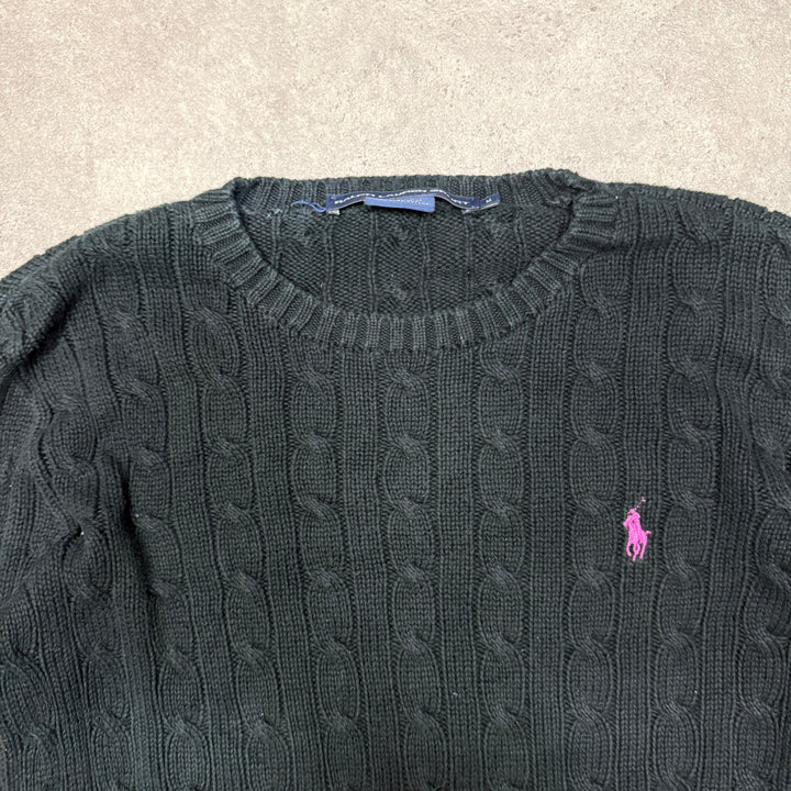 Polo Ralph Lauren Crew Neck Cable Knit Jumper Women Size M Black