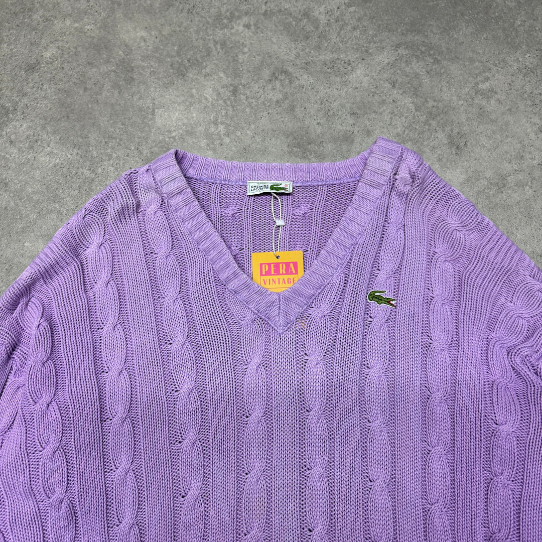 Lacoste V Neck Cable Knit Jumper  Size L Purple