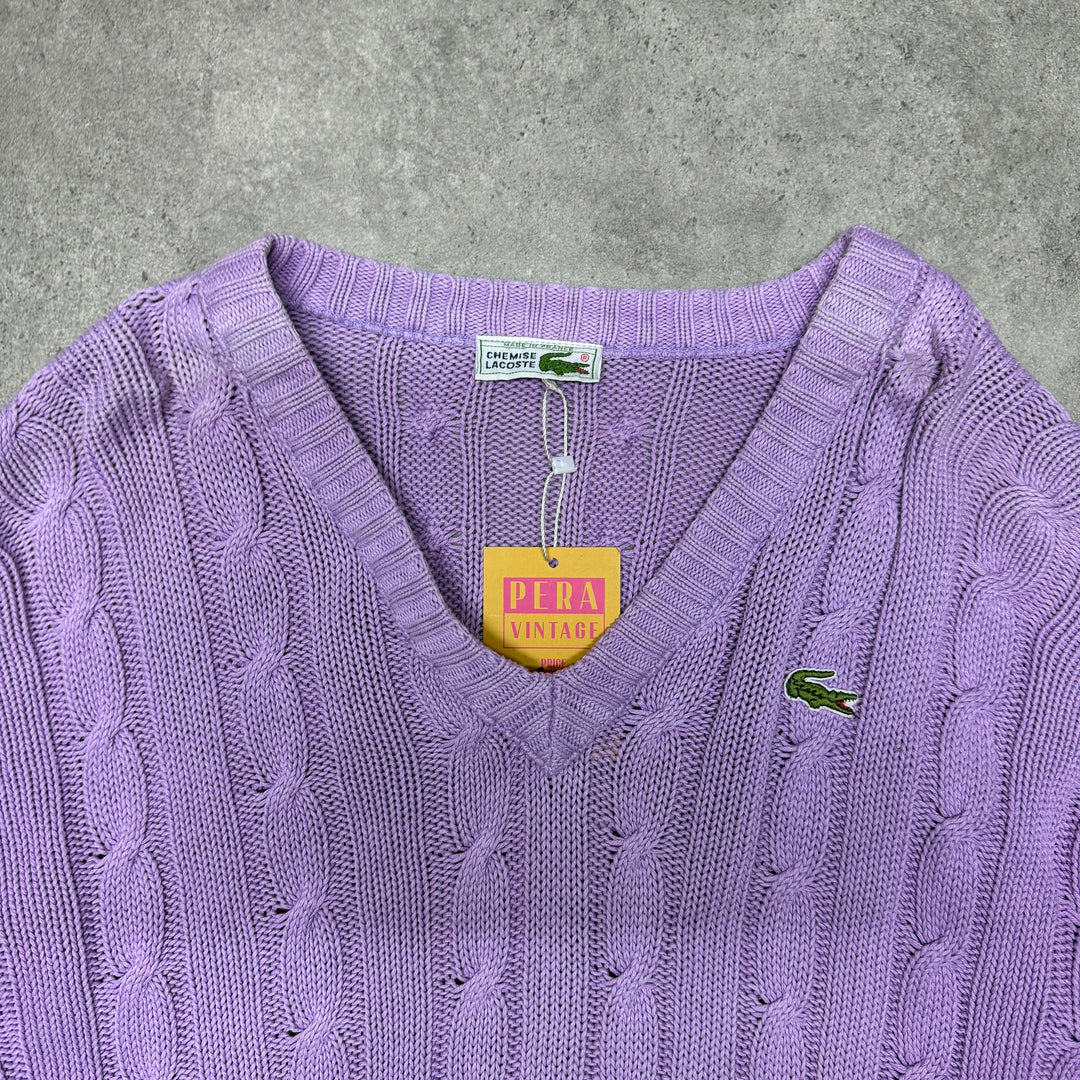 Lacoste V Neck Cable Knit Jumper  Size L Purple