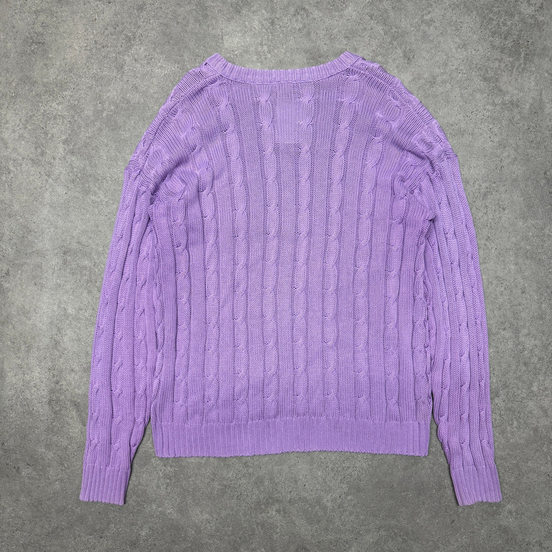 Lacoste V Neck Cable Knit Jumper  Size L Purple