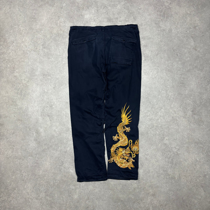 Maharishi Embroidered Navy Cargo Trousers (XL)